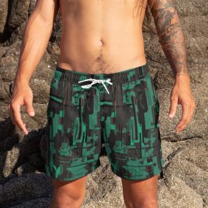 Men’s Long Athletic Workout Shorts Green Black Digital